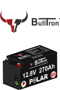 Logo Bulltron mit Bild von der größten Batteriekapazität im DIN Format